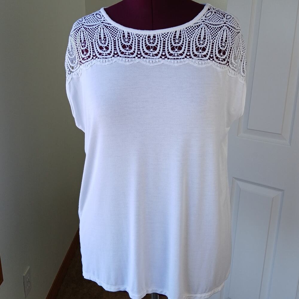 GNW White Lace Yoke T-shirt Blouse XL drop shoulder soft business casual cool